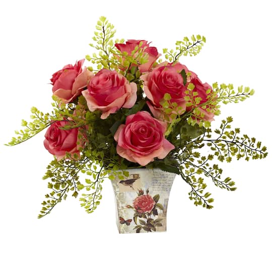 13" Dark Pink Rose & Maiden Hair Arrangement in Floral Planter